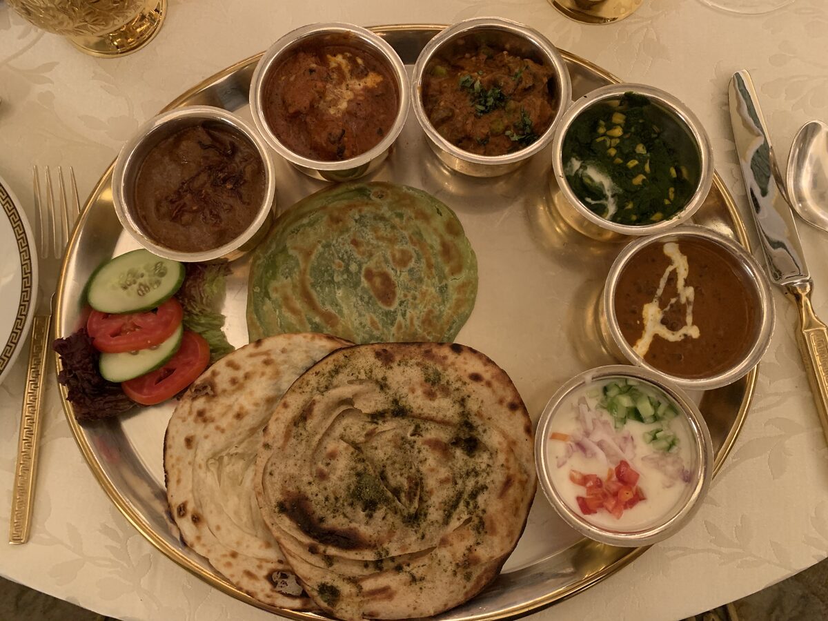 Rajasthani Thali — a generous platter of curries, dal, roti, rice and accompaniments